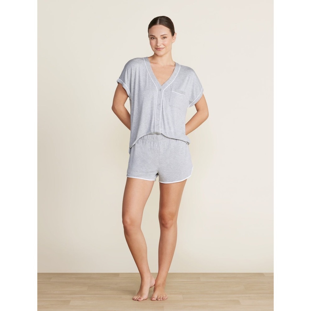 Barefoot Dreams Malibu Soft Jersey Piped PJ Set Gray White XS BDWMC22293 NEW